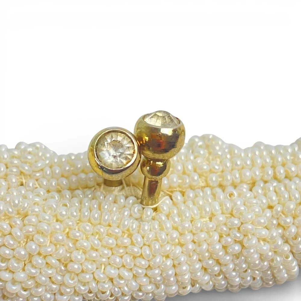 Vtg 50s Made in Japan Off-White Beaded Evening Bag Rhinestone Clasp Bridal